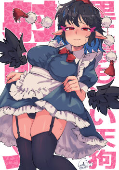 1girl apron black_hair black_panties black_thighhighs black_wings blush bow bowtie breasts carte closed_mouth clothes_lift commentary_request detached_wings dress dress_lift ear_blush eyeshadow feathered_wings feet_out_of_frame frilled_apron frilled_dress frills garter_straps grey_dress hat highres large_breasts looking_at_viewer maid makeup mole mole_on_leg panties pink_eyeshadow pom_pom_(clothes) puffy_short_sleeves puffy_sleeves red_bow red_bowtie red_eyes red_hat shameimaru_aya short_hair short_sleeves signature solo thighhighs tokin_hat touhou underwear waist_apron white_apron white_background wings