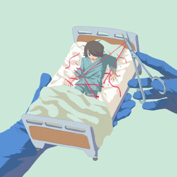 1boy 1other absurdres avogado6 bed black_hair blanket blue_gloves gloves green_background hair_over_one_eye highres hospital_bed hospital_gown male_focus mini_person miniboy original pillow pov pov_hands scissors simple_background solo_focus string surgical_scissors