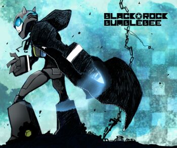 arm_cannon autobot black_coat black_rock_shooter black_rock_shooter_(character) black_rock_shooter_(character)_(cosplay) blue_eyes blue_fire bumblebee_(transformers) chain clothed_robot coat cosplay coube fire flaming_eye hood hooded_coat horns humanoid_robot mecha open_clothes open_coat robot science_fiction solo transformers transformers_animated weapon