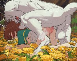 1boy 1girl all_fours animal_penis anus asriel_dreemurr blush bottomless breasts brother_and_sister brown_hair butterchalk chara_(undertale) clothed_female_nude_male cum cum_in_pussy digitigrade ejaculation flower furry furry_male furry_with_non-furry goat goat_boy hetero highres horns incest internal_cumshot interspecies knotted_penis knotting medium_breasts nipples nude open_mouth penis sex shirt short_hair sibling_(lore) siblings source_request striped_clothes striped_shirt t-shirt teeth testicles tongue torso_grab undertale utdr_(toby_fox) uterus vaginal white_fur