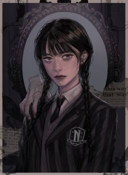 Rule 34 | 1girl, the addams family, black eyes, black hair, black necktie, blunt bangs, braid, collared shirt, highres, looking at viewer, necktie, pinstripe jacket, pinstripe pattern, rangrarii, school uniform, shirt, solo, striped, sweater vest, twin braids, wednesday (netflix), wednesday addams, white shirt