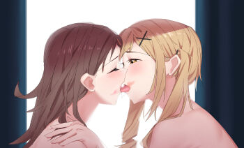 2girls absurdres bang_dream! bang_dream!_girls_band_party! blonde_hair blush brown_hair chone closed_eyes commentary_request hand_on_another's_shoulder highres ichigaya_arisa korean_commentary lipstick long_hair makeup multiple_girls saliva smeared_lipstick tongue tongue_out toyama_kasumi twintails yellow_eyes yuri