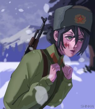 1girl absurdres black_hair blood blood_on_face chainsaw_man green_eyes green_jacket gun gun_on_back hair_between_eyes hair_bun hammer_and_sickle highres jacket military_jacket military_uniform mountain nosebleed outdoors reze_(chainsaw_man) rifle shinkai_(ghoul-de-mask) snow snowing solo tree weapon weapon_on_back winter winter_clothes