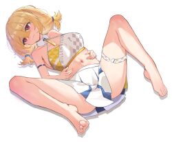 Rule 34 | 1girl, absurdres, ar-gand, barefoot, blonde hair, blue archive, blush, breasts, cleavage, collar, detached collar, hands on own stomach, highres, kotori (blue archive), kotori (cheer squad) (blue archive), large breasts, looking at viewer, looking to the side, lying, millennium cheerleader outfit (blue archive), official alternate costume, on back, red eyes, shirt, short twintails, solo, twintails, white background, white collar, white shirt