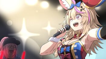 2girls ;d ahoge animal_ears arm_strap armpits artist_self-insert asymmetrical_hair baseball_cap black-framed_eyewear black_background black_hair black_headwear blonde_hair blue_bow blurry blush bokeh bow bowtie braid breasts cleavage closed_eyes club_hair_ornament commentary crying depth_of_field detached_sleeves diamond_hair_ornament dress english_commentary facepaint fox_ears glasses glowstick hair_between_eyes hair_bow hair_ornament hairclip hat heart heart-shaped_pupils heart_hair_ornament highres holding holding_glowstick holding_microphone hololive jester_cap kay_yu long_hair medium_breasts meme microphone mixed-language_commentary multicolored_dress multicolored_hair multiple_girls omaru_polka omaru_polka_(1st_costume) one_eye_closed oota_kuniyoshi open_mouth parody pink_hair purple_eyes red_neckwear semi-rimless_eyewear side_braid single_braid single_sleeve sleeveless sleeveless_dress smile spade_hair_ornament spotlight stage_lights streaked_hair striped_clothes striped_dress symbol-shaped_pupils upper_body virtual_youtuber wake_up_girls! wrist_cuffs