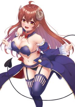 1girl :d ahoge armor bare_shoulders black_panties blush breasts brown_eyes brown_hair cleavage commentary_request crisis_management_form_(machikado_mazoku) curled_horns curvy demon_girl demon_horns demon_tail detached_sleeves fang feet_out_of_frame frilled_sleeves frills garter_straps hair_between_eyes hair_spread_out heart heart_tail highres horns japanese_armor large_breasts long_hair looking_at_viewer machikado_mazoku navel open_mouth panties partial_commentary purple_sleeves purple_thighhighs shoulder_armor simple_background smile smug sode sonao standing standing_on_one_leg stomach tail thighhighs thighs underwear upturned_eyes v-shaped_eyebrows very_long_hair white_background yoshida_yuuko
