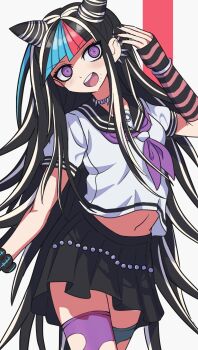 1girl asymmetrical_legwear black_hair black_scrunchie blue_hair danganronpa_(series) danganronpa_2:_goodbye_despair ear_piercing face_piercing gloves hair_horns highres jewelry long_hair looking_at_viewer mioda_ibuki mismatched_legwear mouth_piercing multicolored_hair navel neckerchief open_mouth piercing pink_eyes pink_hair pink_neckerchief sailor_collar school_uniform scrunchie serafuku shirt short_sleeves skirt smile solo striped_clothes striped_gloves thighhighs torn_clothes torn_thighhighs wadatsumi_(sense11531153) white_hair wrist_scrunchie