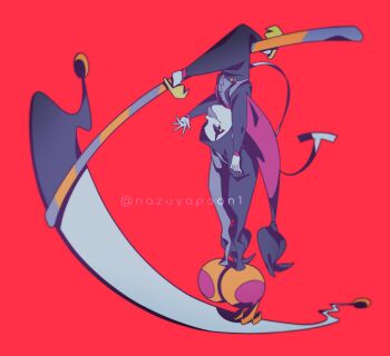 1boy black_pants black_sclera colored_sclera colored_teeth deltarune full_body grey_shirt guuchama hat highres holding holding_scythe jester_cap jevil male_focus open_mouth pants red_background scythe shirt shoes solo suspenders tail twitter_username upside-down utdr_(toby_fox) yellow_eyes yellow_shoes yellow_teeth