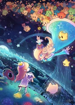 2girls aged_down black_eyes black_skin blonde_hair blue_eyes blue_skin button_eyes buttons cigarette closed_eyes colored_skin crown doppelganger dress earthbound_(series) eating flag floating flying food full_body grass green_skin high_heels highres kirby kirby_(series) letamarindlover lips long_hair looking_at_another looking_down looking_up luma mario_(series) mother_(series) mother_2 mr_saturn multiple_girls nails night nintendo one_eye_covered open_mouth pikmin_(creature) pikmin_(series) planet red_skin rosalina sleeping smile smoking soles source_request space_ship star_(sky) star_(symbol) star_print super_mario_galaxy toy wand weed white_skin yellow_skin zzz