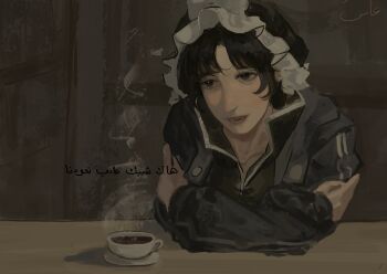 1other androgynous arabic_text arms_on_table black_hair black_hat black_shirt buttons cafe coffee collarbone collared_shirt crossed_arms cup detached_hood frilled_headwear happy hat hatsburg high_collar highres hood hood_down hooded_jacket indoors jacket leaning_forward len&#039;en light_blush lips long_sleeves looking_ahead lower_teeth_only mob_cap open_clothes open_jacket open_mouth other_focus parted_lips pink_lips puffy_long_sleeves puffy_sleeves purple_jacket realistic saucer shirt shitodo_kuroji short_hair sleeves_past_wrists smile solo steam talking teacup teeth translation_request triangular_headpiece upper_body vertical-striped_sleeves zipper