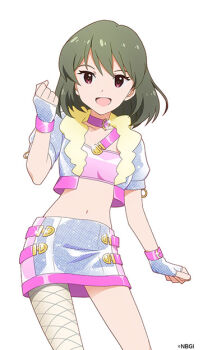 Rule 34 | 1girl, :d, arm at side, belt, belt buckle, breasts, brown eyes, buckle, choker, clenched hand, company name, copyright notice, cowboy shot, cropped jacket, fingerless gloves, fishnet pantyhose, fishnets, gloves, green hair, grey jacket, hand up, idol clothes, idolmaster, idolmaster million live!, jacket, medium hair, midriff, million dreams (idolmaster), miniskirt, navel, official alternate costume, official art, open mouth, pantyhose, pink belt, pink choker, sequins, short sleeves, silver gloves, silver skirt, single leg pantyhose, skirt, small breasts, smile, solo, white background, wrist belt