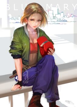 1girl blonde_hair blue_eyes blue_mary breasts hat large_breasts nao3art outdoors pale_skin pants short_hair the_king_of_fighters thick_thighs thighs