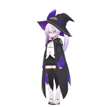 1girl black_hat black_robe black_skirt black_thighhighs boots bow breasts caburi camisole closed_mouth clothing_cutout expressionless full_body game_cg glasses hair_between_eyes hat hat_bow highres jitome kurone_(kurone_no_kimochi) kurone_no_kimochi large_variant_set long_hair long_sleeves miniskirt navel navel_cutout open_clothes open_robe pleated_skirt purple_bow purple_eyes purple_hair robe sidelocks simple_background skirt small_breasts standing tachi-e thighhighs transparent_background twintails variant_set white_boots white_camisole witch witch_hat