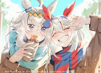 2girls absurdres ahoge animal_ears blue_eyes blue_hairband blue_scarf blush brown_coat closed_eyes coat commentary ear_covers ear_ornament english_commentary food grey_hair hair_between_eyes hair_ornament hairband headband highres holding holding_food horse_ears horse_girl long_hair long_sleeves looking_at_viewer multicolored_hair multiple_girls oguri_cap_(umamusume) open_mouth outdoors red_headband red_scarf scarf smile striped_clothes striped_hairband tamamo_cross_(umamusume) teeth tree umamusume umamusume:_cinderella_gray upper_body w wapi_ww