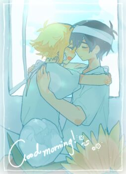 2boys antenna_hair bandaged_head bandages basil_(faraway)_(omori) basil_(omori) black_hair blonde_hair blush closed_eyes closed_mouth commentary crying english_text flower hapr_(noneprice) hospital_gown hug indoors male_focus multiple_boys omori open_mouth short_sleeves spoilers sunflower sunny_(omori) symbol-only_commentary tulip white_flower white_tulip