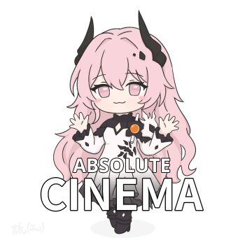 Rule 34 | 1girl, absolute cinema (meme), arknights, black dress, black horns, blush stickers, chibi, chibi only, closed mouth, commentary, commission, dress, english commentary, english text, full body, hands up, horns, ji wan 2, light smile, long hair, long sleeves, meme, no nose, pink eyes, pink hair, simple background, solo, standing, theresa (arknights), very long hair, white background, white dress