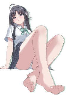 1girl absurdres awa_subaru barefoot black_hair blush feet girls_band_cry highres long_hair looking_at_viewer panties pantyshot purple_eyes reiku09 soles toes underwear