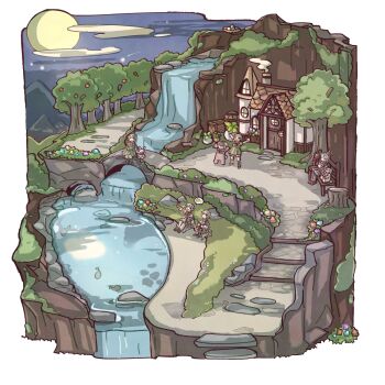 2boys 3girls :d animal bear bench blue_eyes brown_shoes chigu chimney cloud commentary_request dress full_moon green_dress green_eyes green_hair green_shoes heterochromia highres house moon mountainous_horizon multiple_boys multiple_girls night open_mouth original outdoors pantyhose pantyhose_under_shorts pink_eyes pointing rock scenery shoes shooting_star short_hair short_sleeves shorts sitting smile speech_bubble standing tree water waterfall white_pantyhose