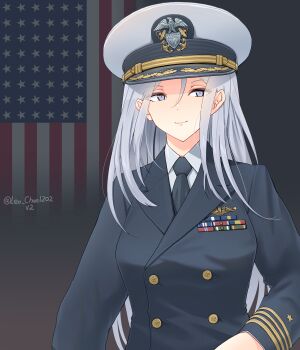 1girl absurdres american_flag american_flag_background artist_name black_jacket black_necktie buttons collared_shirt commentary double-breasted flag_background grey_eyes grey_hair hat highres historical_american_flag jacket leochan1202 long_hair long_sleeves looking_at_viewer military military_dress_uniform military_rank_insignia military_uniform naval_dress_uniform naval_uniform necktie original peaked_cap ribbon_bar shirt smile solo united_states_navy upper_body white_hat white_shirt world_war_ii