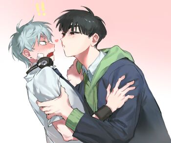 ! !! 2boys alien_stage aqua_eyes black_eyes black_hair black_jacket black_necktie blush chinese_commentary commentary_request earrings green_hoodie grey_hair headphones headphones_around_neck highres hood hoodie ivan_(alien_stage) jacket jacket_over_hoodie jewelry male_focus multiple_boys necktie official_alternate_costume puckered_lips red_pupils shirt short_hair till_(alien_stage) very_short_hair white_shirt wristband yaoi z1111zoey1