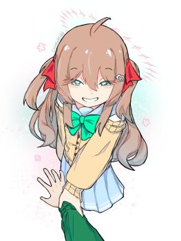 1boy 1girl ahoge artist_name blue_sailor_collar blue_skirt blush bow bowtie brown_hair cardigan commentary cosmicblubb cropped_legs english_commentary flower_symbol from_above green_bow green_bowtie green_eyes green_hoodie grin hair_between_eyes hair_ornament hair_ribbon half-closed_eyes halo halo_behind_head happy heart heart_hair_ornament highres holding_another's_wrist hood hoodie long_hair long_sleeves looking_at_viewer miniskirt neuro-sama off-shoulder_cardigan open_mouth out_of_frame pleated_skirt pov pov_hands red_halo red_ribbon ribbon sailor_collar skirt smile star_halo two_side_up vedal987 vedal_ai virtual_youtuber wavy_hair white_background yellow_cardigan