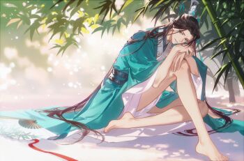 Rule 34 | 1boy, absurdres, al (ahr), bamboo, bamboo print, bare legs, barefoot, bindi, black hair, chinese clothes, commentary request, curtained hair, dappled sunlight, full body, green hanfu, grin, half-closed eyes, half updo, hand fan, hands on own knee, hanfu, head on hand, highres, hunched over, knee up, legs, light particles, long hair, long sleeves, looking at viewer, male focus, paper fan, parted lips, red ribbon, renzha fanpai zijiu xitong, ribbon, ribboned xiao guan, shadow, shen qingqiu, sitting, sleeves pushed up, smile, solo, sunlight, very long hair, wide sleeves