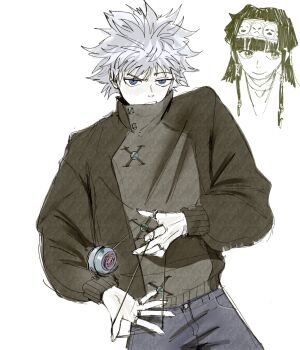 alluka_zoldyck androgynous blue_eyes cowboy_shot highres hunter_x_hunter jacket killua_zoldyck oestart pale_skin sketch_inset sweater white_background white_hair yo-yo