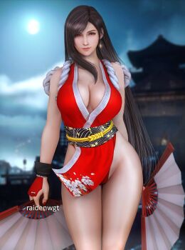 1girl 3d artist_name bare_shoulders black_hair breasts building cleavage closed_mouth cloud cloudy_sky cosplay cowboy_shot crescent crescent_earrings earrings fatal_fury final_fantasy final_fantasy_vii final_fantasy_vii_remake full_moon gold_earrings hand_fan highres holding holding_fan japanese_clothes jewelry ninja large_breasts lips long_hair looking_at_viewer moon obi outdoors pelvic_curtain raidenwgt red_eyes red_nails revealing_clothes sash shiranui_mai shiranui_mai_(cosplay) single_sidelock sky solo square_enix swept_bangs the_king_of_fighters the_king_of_fighters_xv thighs tifa_lockhart very_long_hair