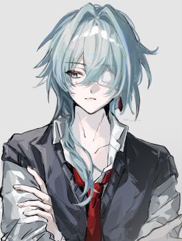 1boy anaxa_(honkai:_star_rail) aqua_hair black_sweater_vest blue_eyes closed_mouth collarbone collared_shirt crossed_arms expressionless eyepatch hair_between_eyes hair_intakes highres honkai:_star_rail honkai_(series) long_hair looking_to_the_side low_side_ponytail male_focus medical_eyepatch necktie one_eye_covered red_necktie shirt sho_yai simple_background solo sweater_vest upper_body white_background white_shirt