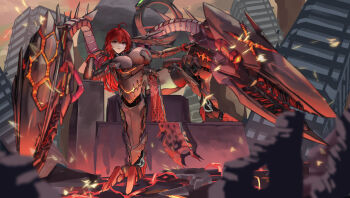 1girl absurdres ahoge arm_armor armor armored_bodysuit armored_boots armored_leotard black_armor bodystocking boots breasts cleavage clothing_cutout covered_navel disgustingtokki goddess_of_victory:_nikke hair_between_eyes highres large_breasts leg_cutout leotard long_hair looking_at_viewer mechanical_tail nihilister_(nikke) red_eyes red_hair see-through_cleavage see-through_clothes sidelocks sitting_on_throne solo tail throne torn_bodystocking torn_clothes