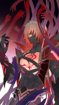 1boy absurdres bandage_over_one_eye bandaged_arm bandaged_torso bandages bandages_over_mouth blonde_hair braid chest_tattoo chron1897 collared_cape cosplay facial_tattoo gradient_hair highres honkai:_star_rail honkai_(series) large_pectorals male_focus medium_hair multicolored_hair mydei_(honkai:_star_rail) mystical_high_collar pectorals red_hair red_tattoo rerir_(genshin_impact) rerir_(genshin_impact)_(cosplay) shadow_hands side_braid solo tattoo yellow_eyes