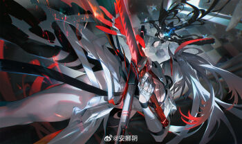 2girls absurdres alpha_(pgr) arm_cannon black_coat black_hair black_rock_shooter black_rock_shooter_(character) blue_fire coat fire flaming_eye gloves glowing glowing_eye highres horikwawataru long_hair multiple_girls open_clothes open_coat punishing:_gray_raven rock_cannon sword twintails uneven_twintails weapon white_coat white_hair