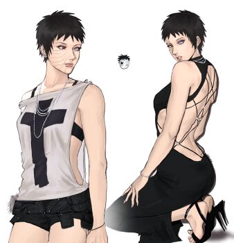 Rule 34 | 1girl, backless dress, backless outfit, black bra, black hair, black shorts, bleeehrghw, bra, bracelet, breasts, chibi, chibi inset, commentary, criss-cross straps, cross, cross earrings, dress, ear piercing, earrings, facial scar, genderswap, genderswap (mtf), grey tank top, heterochromia, high heels, highres, jewelry, kneeling, long dress, mask, naruto (series), naruto shippuuden, parted lips, piercing, purple eyes, red eyes, ring, rinnegan, scar, scar on cheek, scar on face, sharingan, short hair, short shorts, shorts, small breasts, strap slip, tank top, tobi (naruto), uchiha obito, underwear