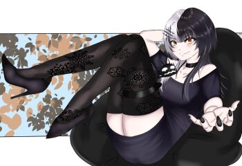 1girl bean_bag_chair black_choker black_dress black_hair black_nails black_thighhighs breasts choker cleavage dress foreshortening greenieart7 grey_hair hair_ornament highres hololive hololive_english large_breasts legs legs_up long_hair looking_at_viewer multicolored_hair outstretched_arm perspective reaching reaching_towards_viewer shiori_novella smile snowflakes solo split-color_hair thighhighs two-tone_hair virtual_youtuber yellow_eyes yorick_(shiori_novella)