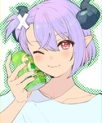 Rule 34 | 1girl, alternate costume, blush, can, can to cheek, closed mouth, colored inner hair, commentary request, demon horns, green nails, green outline, grey shirt, hair ornament, highres, holding, holding can, horns, indie virtual youtuber, long pointy ears, looking at viewer, mimic (vtuber), multicolored hair, ohitori (o hitori sama 1), one eye closed, one side up, outline, pink hair, pointy ears, polka dot outline, purple hair, red eyes, shirt, short hair, simple background, smile, solo, virtual youtuber, white background, x hair ornament
