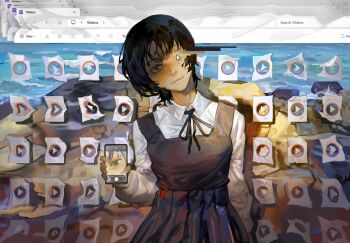Rule 34 | 1girl, absurdres, black hair, collared shirt, computer mouse, dress, eri (sayonara eri), file, hieumay, highres, long sleeves, looking at viewer, neck ribbon, phone, ribbon, sayonara eri, school uniform, shirt, short hair, smile, solo, standing, upper body, white shirt