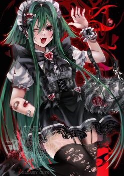 1girl absurdres aegyo_sal bag bandaid bandaid_on_arm black_bow black_bowtie black_skirt black_thighhighs blood blouse blush bow bowtie brooch chain commentary corset cowboy_shot english_commentary fur_bag garter_straps gem gleamyguts green_eyes green_hair hairband hand_up handbag heart highres jewelry jirai_kei lolita_hairband long_hair long_sidelocks looking_at_viewer meat_hair_ornament merchandise_available one_eye_closed puffy_short_sleeves puffy_sleeves saya_(saya_no_uta) saya_no_uta scar self-harm_scar shirt short_sleeves sidelocks skirt solo suspender_skirt suspenders thighhighs torn_clothes torn_thighhighs very_long_hair very_long_sidelocks watermark white_shirt wrist_cuffs zettai_ryouiki