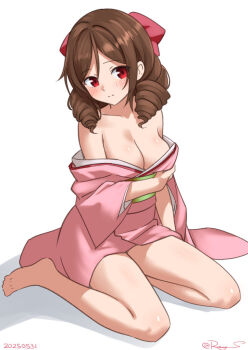 1girl adapted_costume bow breasts brown_eyes brown_hair cleavage drill_hair hair_bow hakama harukaze_(kancolle) japanese_clothes kantai_collection kimono kimono_partially_removed looking_at_viewer medium_breasts pink_hakama pink_kimono ray.s red_bow red_eyes simple_background sitting solo twin_drills wariza white_background