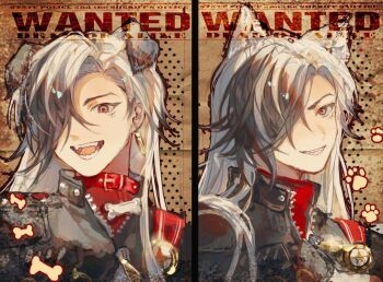 1boy animal_collar animal_ears belt_collar black_hair black_jacket bone boothill_(honkai:_star_rail) cat_ears chinese_commentary collar commentary_request dog_ears earrings enderrabbit english_text glint grey_eyes grin hair_over_one_eye honkai:_star_rail honkai_(series) jacket jewelry kemonomimi_mode long_hair male_focus multicolored_hair multiple_views open_mouth paw_print red_collar red_pupils red_shirt sharp_teeth shirt smile teeth two-tone_hair wanted_poster white_hair zipper