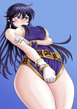 1girl absurdres anander0 arm_under_breasts ayra_(fire_emblem) belt black_hair blush borrowed_clothes breasts bursting_breasts clenched_teeth commission commissioner_upload covering_crotch covering_privates curvy earrings embarrassed fire_emblem fire_emblem:_genealogy_of_the_holy_war from_below gloves highres jewelry long_hair nintendo purple_tunic sideboob sidelocks skirt skirt_tug solo teeth thighs tight_clothes tunic undersized_clothes