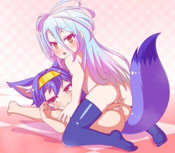 2girls :< :3 animal_ears anus ass blue_eyes blue_thighhighs blush cleft_of_venus clenched_hand closed_mouth completely_nude embarrassed expressionless female_focus fox_ears fox_girl fox_tail from_behind from_side full_body gi0gi0 gradient_hair hair_between_eyes hatsuse_izuna highres kneeling leaning_forward legs_up loli long_hair looking_at_viewer looking_back lying medium_hair multicolored_hair multiple_girls naughty_face no_game_no_life nude on_back open_mouth purple_hair pussy shiro_(no_game_no_life) spread_legs tail thighhighs yellow_eyes