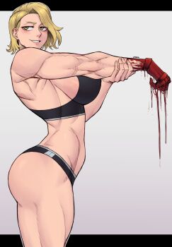 1girl absurdres artist_name blonde_hair blood blood_drip blood_on_hands breasts female_focus highres large_breasts limn044 medium_hair panties sazanami_kuina sideboob simple_background solo solo_focus sports_bra standing toned toned_female tougen_anki underwear yellow_eyes