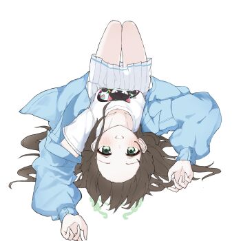 Rule 34 | 1girl, :d, airi (band) (blue archive), airi (blue archive), animal print, anniu (user vemd7787), blue archive, blue jacket, blush, breasts, brown hair, cat print, collarbone, commentary request, forehead, full body, green eyes, green halo, grin, hair spread out, halo, happy, highres, jacket, knees up, long hair, long sleeves, looking at viewer, lying, medium breasts, miniskirt, official alternate costume, on back, open clothes, open jacket, open mouth, pleated skirt, print shirt, shirt, short sleeves, simple background, skirt, smile, solo, t-shirt, upside-down, white background, white shirt, white skirt