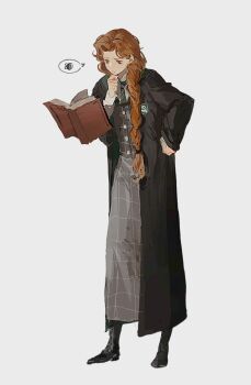 Rule 34 | 1girl, black robe, black shoes, blue eyes, book, braid, braided ponytail, brown skirt, brown vest, collared shirt, floating, floating book, floating object, full body, green necktie, gynger edventray (hiiragimare), hand on own chin, hand on own hip, highres, hiiragimare, hogwarts legacy, hogwarts school uniform, hooded robe, image in speech bubble, long hair, long skirt, looking at object, necktie, original, ponytail, red hair, robe, school uniform, shirt, shoes, simple background, skirt, slytherin, solo, standing, vest, white background, white shirt, wizarding world