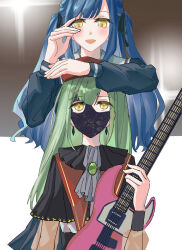 Rule 34 | 2girls, absurdres, ascot, bang dream!, bang dream! it&#039;s mygo!!!!!, black capelet, black mask, black ribbon, black shirt, blue hair, capelet, commentary request, deep dig, earrings, electric guitar, green hair, grey ascot, guitar, hair ribbon, hat, highres, holding, holding guitar, holding instrument, instrument, jewelry, long hair, long sleeves, mask, mouth mask, multiple girls, open mouth, red hat, ribbon, school uniform, see-through, see-through sleeves, shirt, togawa sakiko, tsukinomori school uniform, two side up, wakaba mutsumi, wristband, yellow eyes