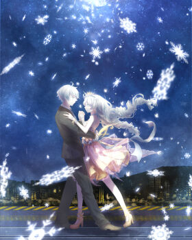 Rule 34 | 1boy, 1girl, ahoge, black jacket, black pants, blue eyes, braid, closed mouth, commentary request, crown, dancing, dress, full body, high heels, highres, holding hands, honkai (series), honkai gakuen, jacket, kevin kaslana, kiana kaslana, long hair, night, orange dress, pants, rin (pixiv4106191), short hair, sky, snowflakes, standing, star (sky), starry sky, twin braids, very long hair, white hair