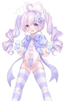 1girl ? ?? absurdres ahoge artist_name blue_archive blush bow clenched_hands drill_hair feather_hair_ornament feathers feet_out_of_frame gloves gluteal_fold groin hair_between_eyes hair_ornament halo highleg highleg_leotard highres leotard long_hair looking_at_viewer magical_girl multicolored_hair open_mouth panties puffy_sleeves purple_bow purple_eyes purple_hair reisa_(blue_archive) reisa_(magical)_(blue_archive) sash short_sleeves side-tie_panties skindentation smile solo star_(symbol) star_hair_ornament star_halo streaked_hair striped_clothes striped_thighhighs thighhighs thighs twintails two-tone_hair underwear white_background white_gloves white_hair white_leotard wrist_cuffs ya_chuifeng_lai