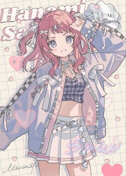 1girl arm_up blue_eyes blue_jacket blue_shirt blush_stickers character_name cowboy_shot crop_top cropped_shirt dot_nose gakuen_idolmaster grid_background grin hair_ribbon hanami_saki hashtag-only_commentary highres idolmaster jacket long_hair long_sleeves looking_at_viewer moo_n_moko neck_ribbon open_clothes open_jacket pleated_skirt red_hair ribbon shirt skirt smile solo two_side_up white_background white_ribbon white_skirt