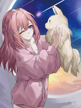 Rule 34 | 1girl, ;), absurdres, animal, asta (honkai: star rail), blue eyes, chinese commentary, collarbone, commentary request, dog, evzeva, hair ornament, hairclip, highres, holding, holding animal, holding dog, honkai: star rail, honkai (series), long hair, long sleeves, one eye closed, peppy (honkai: star rail), pink hair, pink robe, robe, shooting star, smile, upper body