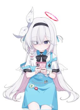 1girl angel's_24_uniform_(blue_archive) armband black_hairband blue_archive bow braid cinamon_(cinamori) collared_shirt colored_inner_hair commentary grey_eyes hair_bow hairband highres holding holding_phone id_card long_hair multicolored_hair phone plana_(blue_archive) shirt short_twintails simple_background single_braid sitting solo store_clerk striped_bow symbol-only_commentary twintails white_background white_hair wings